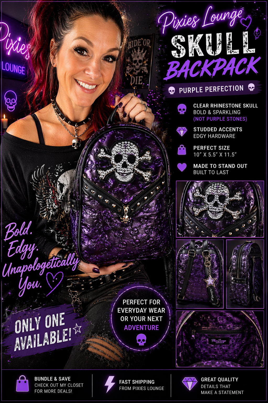 Skull Backpack – Rhinestone Studded Embossed Biker Glam