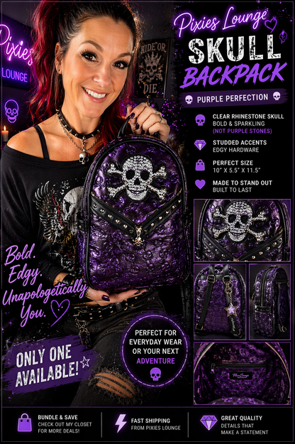 Skull Backpack – Rhinestone Studded Embossed Biker Glam