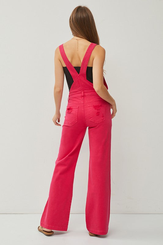 Risen Front Patch Pocket Distressed Acid Wash Wide Leg Overalls