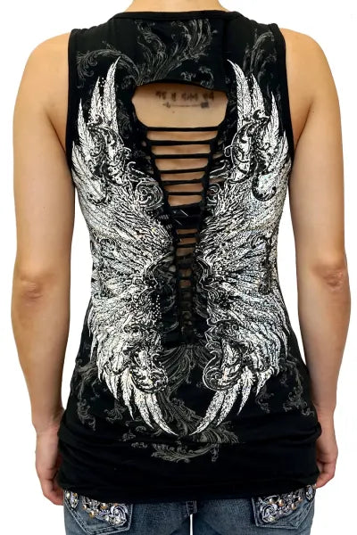 Platinum Plush “Midnight Wings” Biker Tank Top with Rhinestone Accents