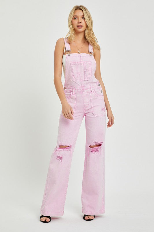 Risen Front Patch Pocket Distressed Acid Wash Wide Leg Overalls