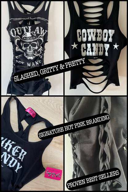 Biker Candy Graphic Back Racerback Sexy Slashed Biker Festival Tank