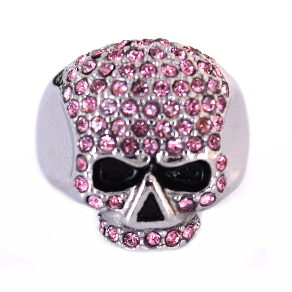 SK1075P Ladies Bling Skull Imitation Pink Diamond Ring Stainless Steel Motorcycle Jewelry Size 6-10
