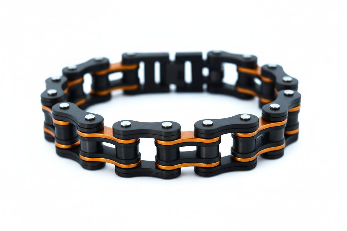 SK1184 Gunmetal & Beryllium Orange Bike Chain Bracelet - 3/4" Wide