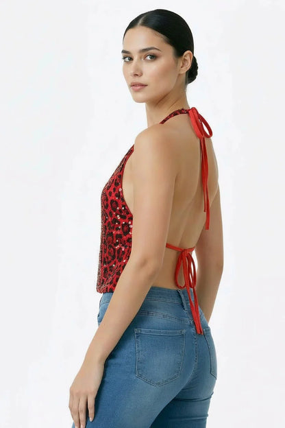 Fuchsia Leopard Sequin Halter Top – Concert, Rally & Biker Glam Tank
