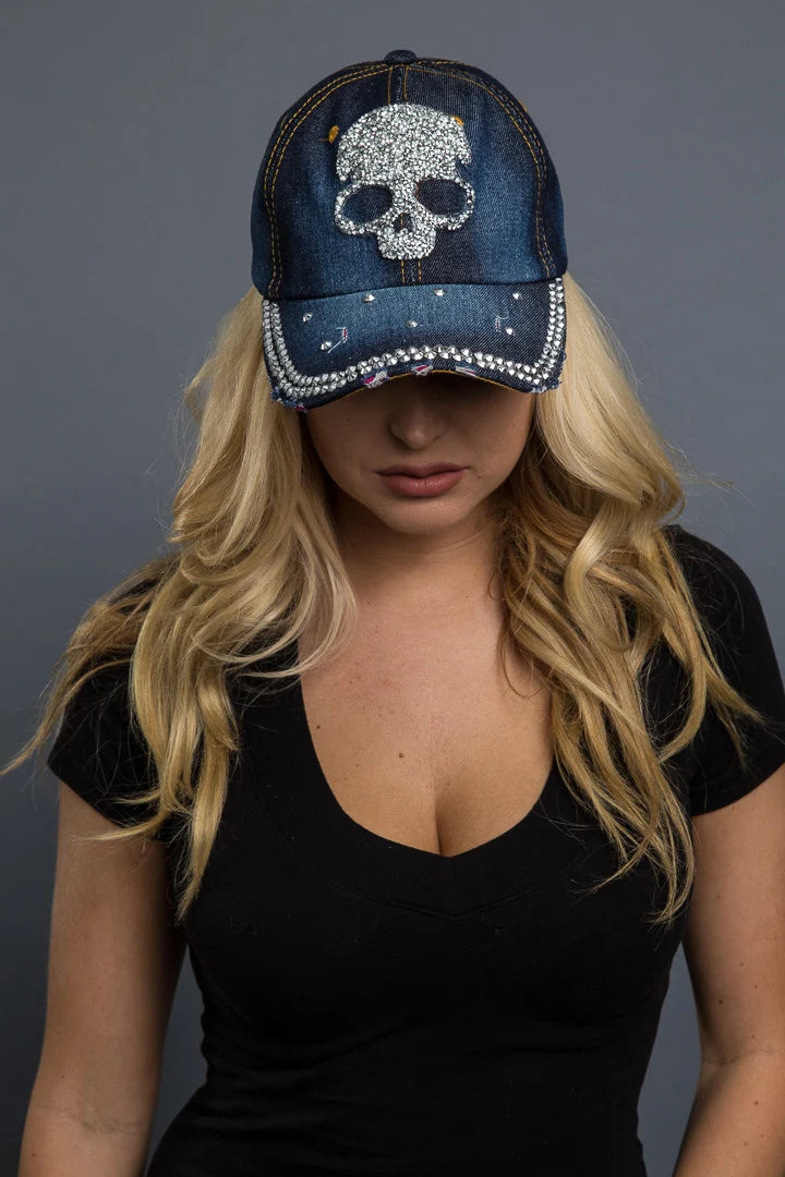 Hair Glove Crystal Skull Rhinestone Denim Cap