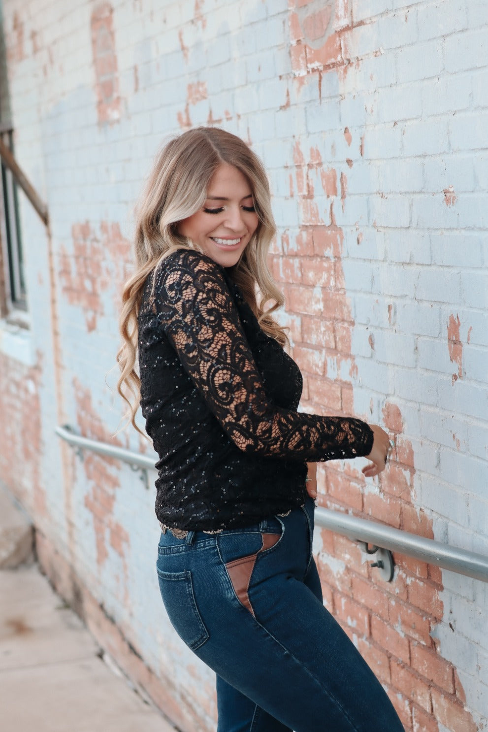 Liberty Wear “Spotlight Lace” Sequin Long Sleeve Top