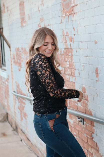 Liberty Wear “Spotlight Lace” Sequin Long Sleeve Top