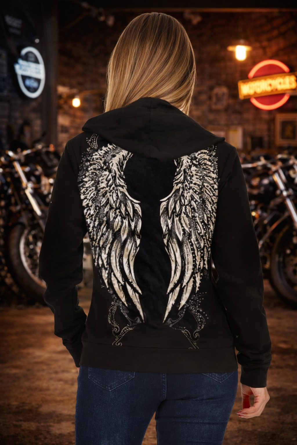 Women's Platinum Plush Savage Halo Skull & Wings Zip Hoodie