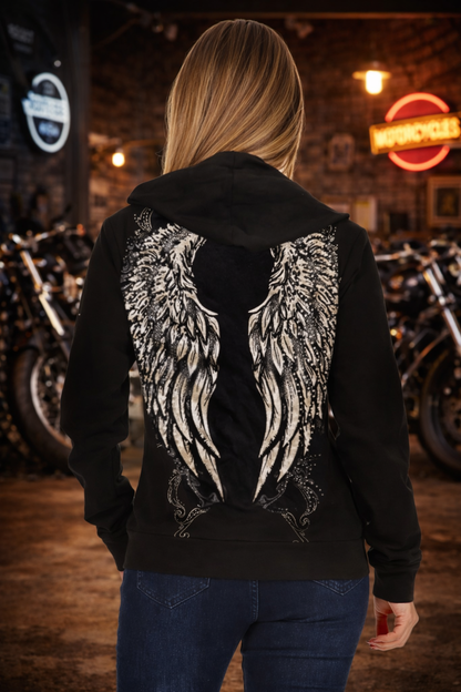 Women's Platinum Plush Savage Halo Skull & Wings Zip Hoodie