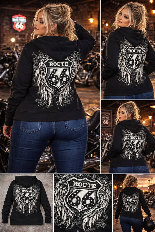 Women's Platinum Plush Curvy Route 66 Rebel Wings Zip Hoodie