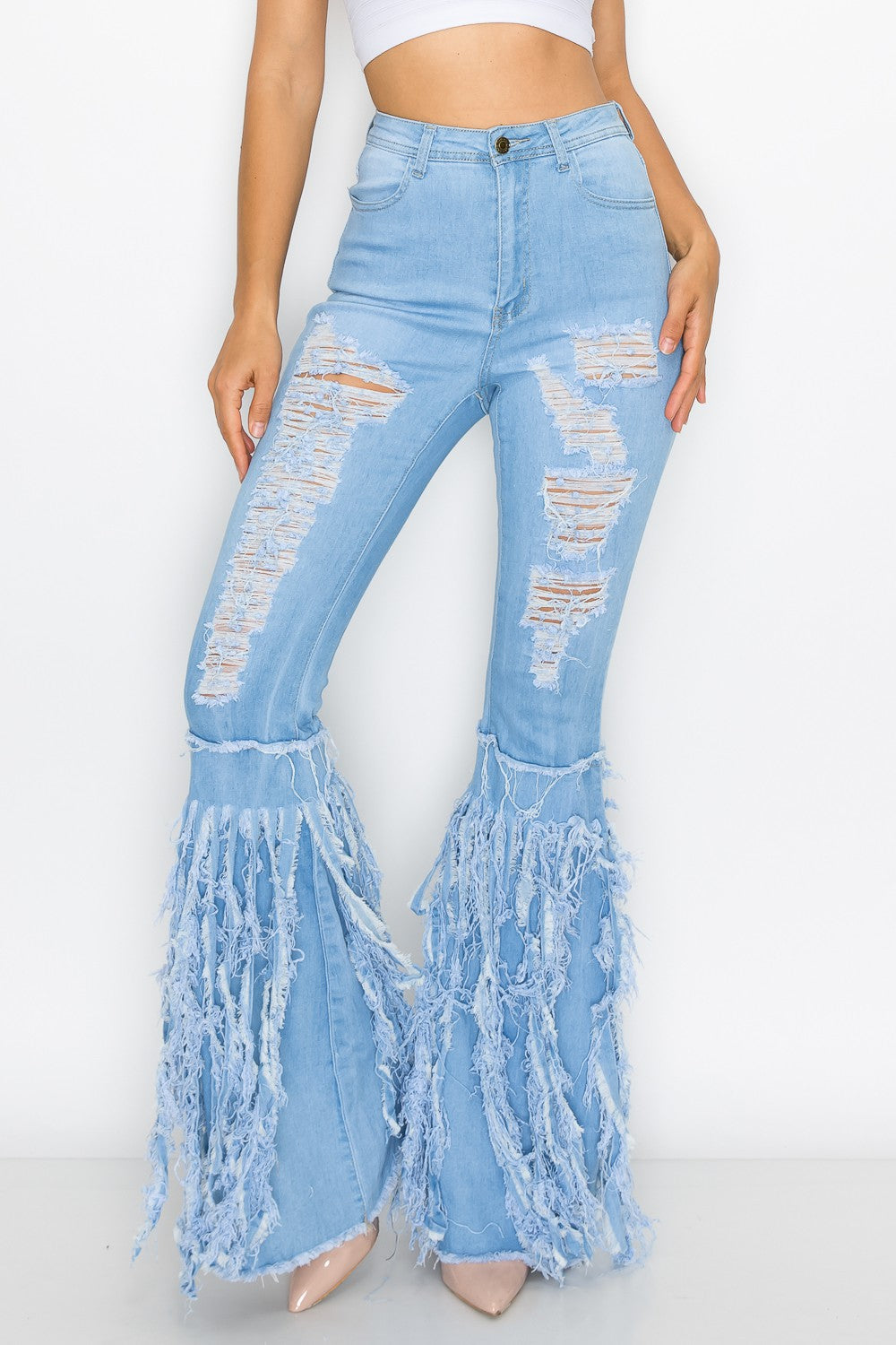Distressed Fringe Flare Jeans – High Waist Bell Bottom Raw Hem Denim (Dark & Light Wash)