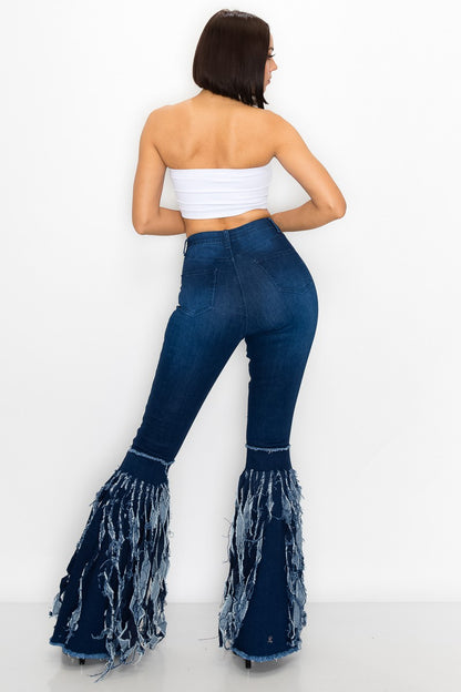 Distressed Fringe Flare Jeans – High Waist Bell Bottom Raw Hem Denim (Dark & Light Wash)