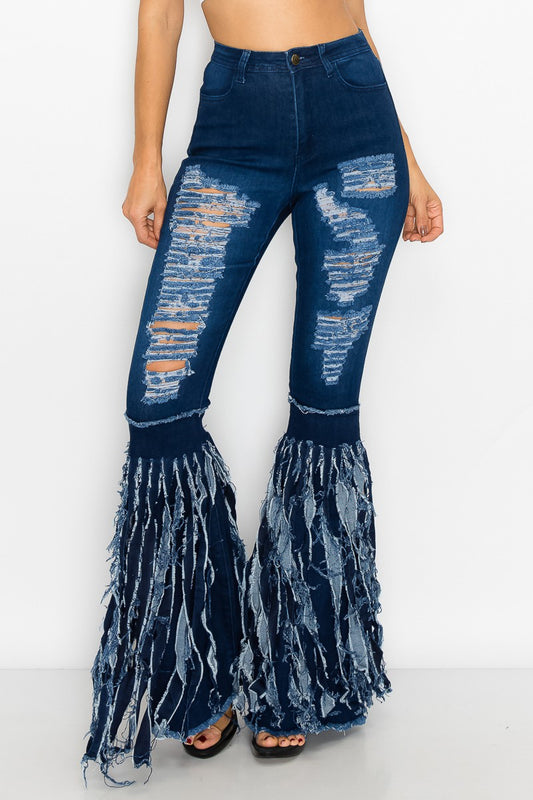 Distressed Fringe Flare Jeans – High Waist Bell Bottom Raw Hem Denim (Dark & Light Wash)