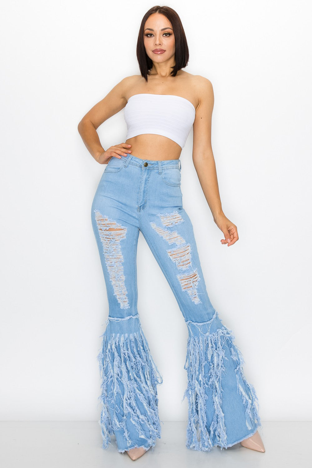 Distressed Fringe Flare Jeans – High Waist Bell Bottom Raw Hem Denim (Dark & Light Wash)