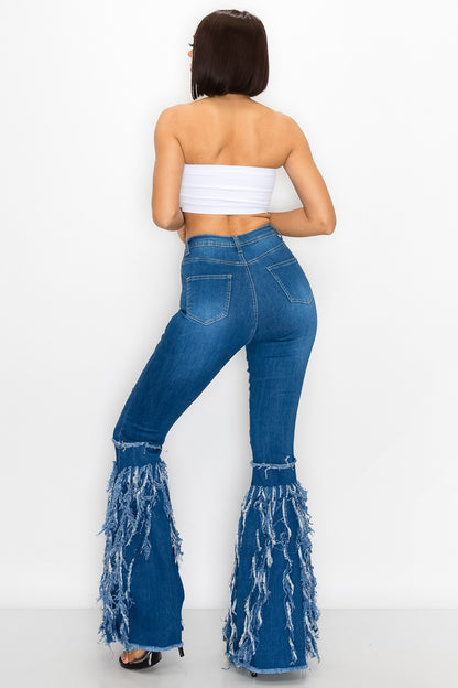 Distressed Fringe Flare Jeans – High Waist Bell Bottom Raw Hem Denim (Dark & Light Wash)