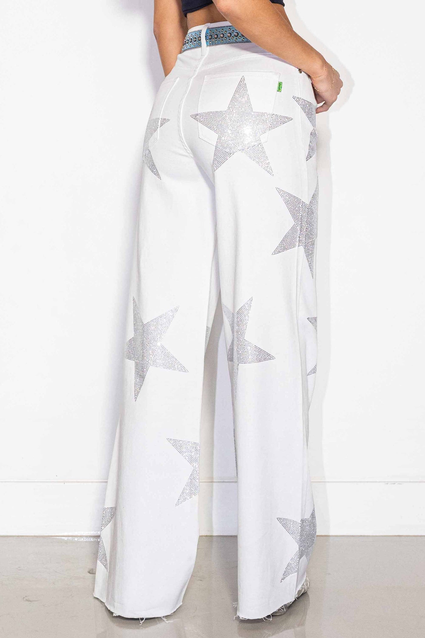 White Rhinestone Star Wide Leg Jeans – High Waist Western Glam Denim Pants