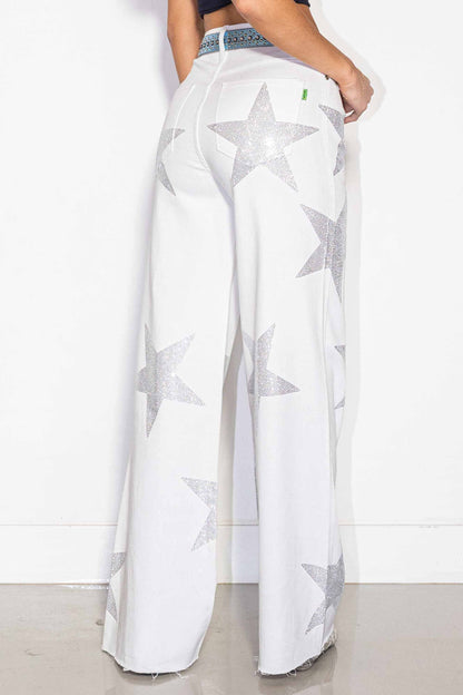 White Rhinestone Star Wide Leg Jeans – High Waist Western Glam Denim Pants
