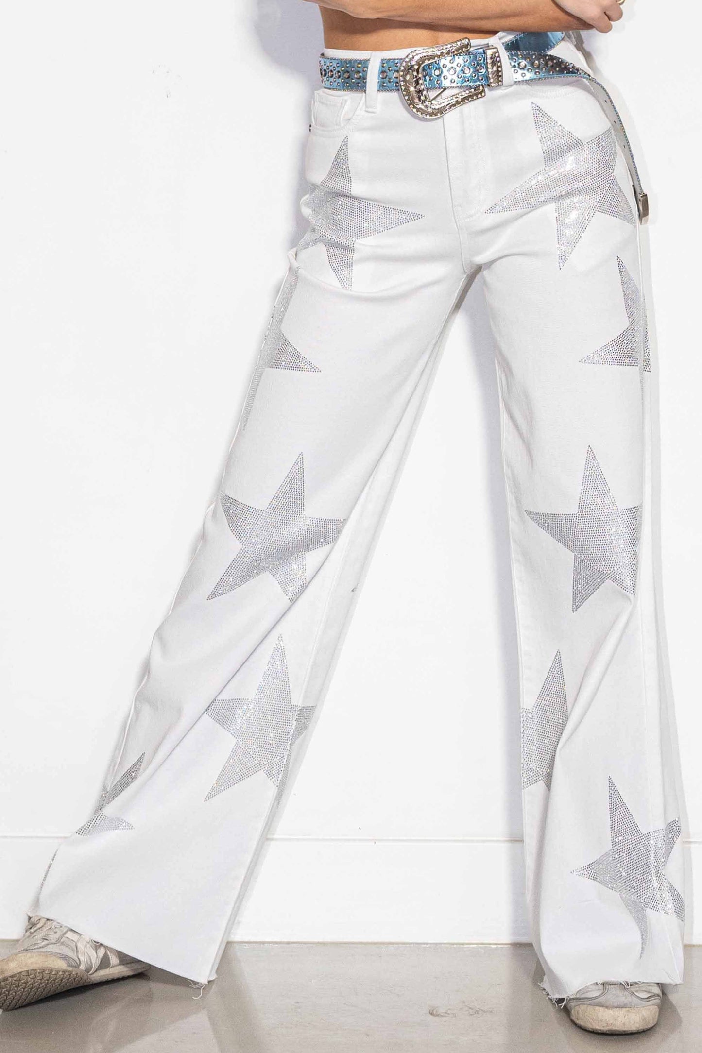White Rhinestone Star Wide Leg Jeans – High Waist Western Glam Denim Pants
