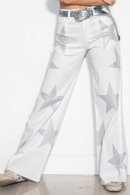 White Rhinestone Star Wide Leg Jeans – High Waist Western Glam Denim Pants