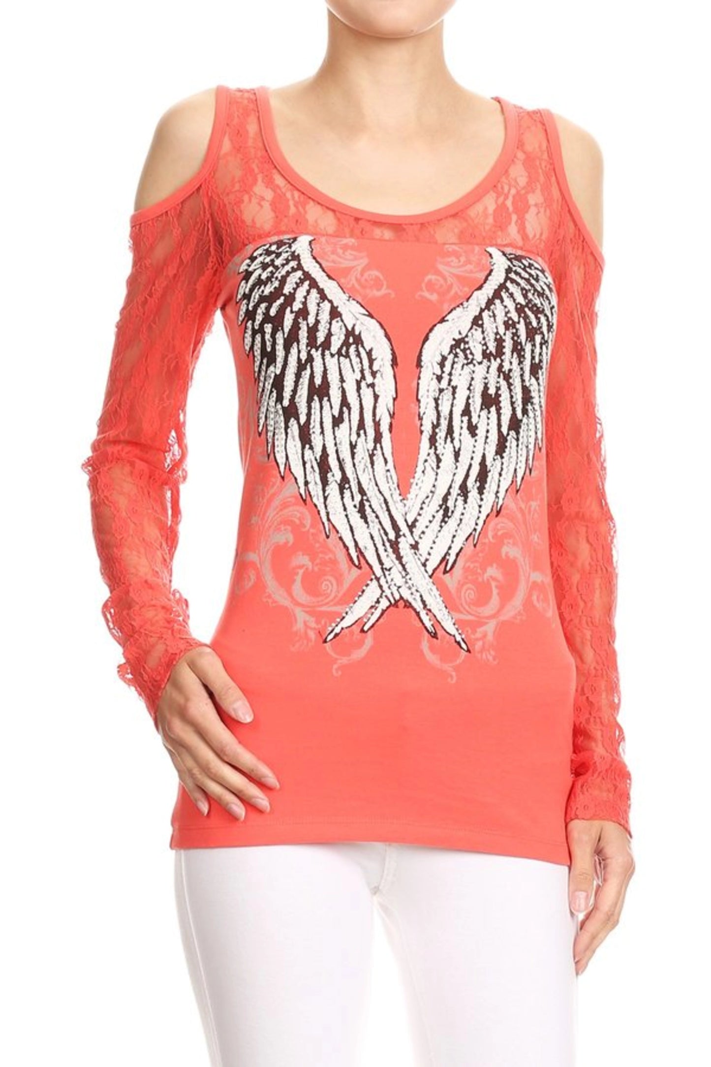 Coral Halo Cold Shoulder Lace Top