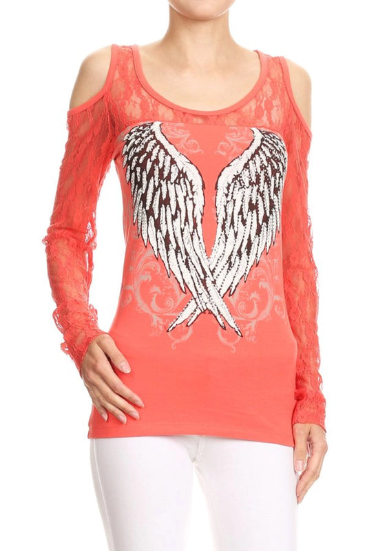 Coral Halo Cold Shoulder Lace Top