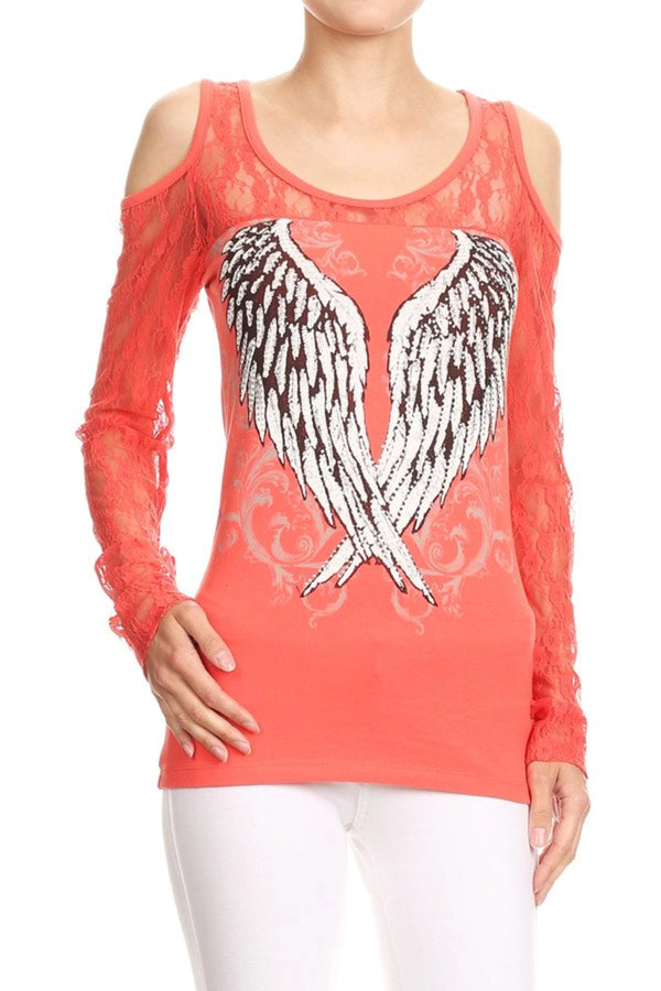 Coral Halo Cold Shoulder Lace Top