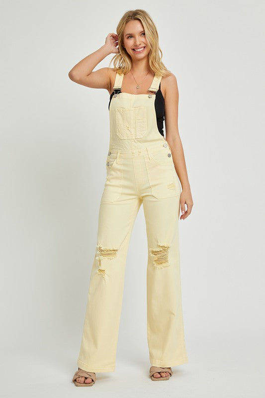 Risen Front Patch Pocket Distressed Acid Wash Wide Leg Overalls