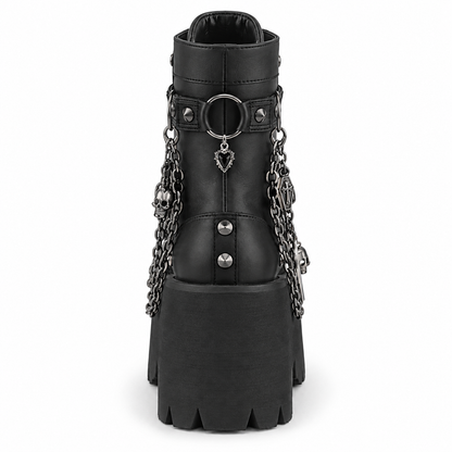 Demonia Ashes-52 | Skull & Chain Platform Combat Boots | Black