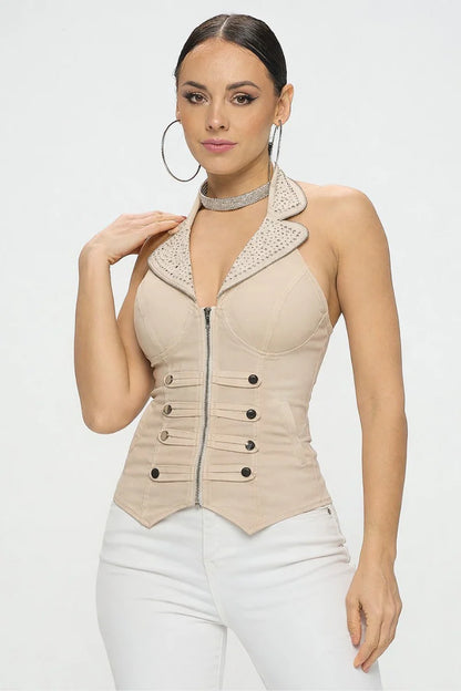 Studded Moto Halter Corset Top – Biker Glam Zip Front Vest