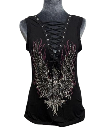 Liberty Wear Freedom Eagle Rhinestone Lace-Up Tank Top | 2017