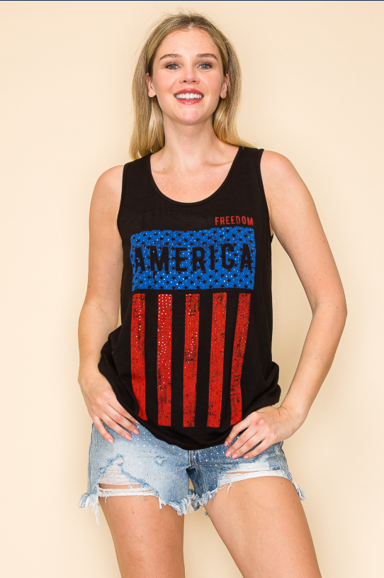 Vocal Women's Freedom Rhinestone American Flag Tank – Biker Glam Patriotic Top