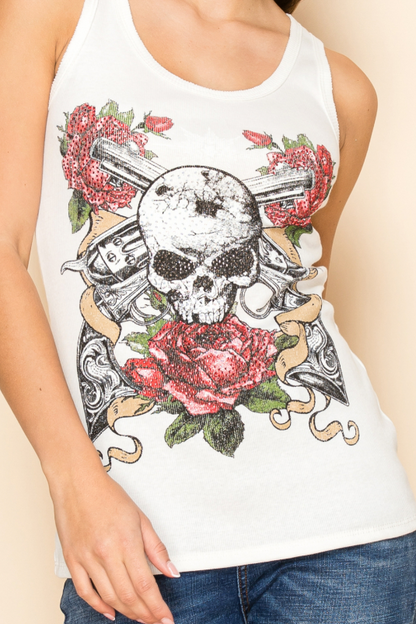Vocal Rose Skull Rhinestone Tank – Biker Glam Graphic Top