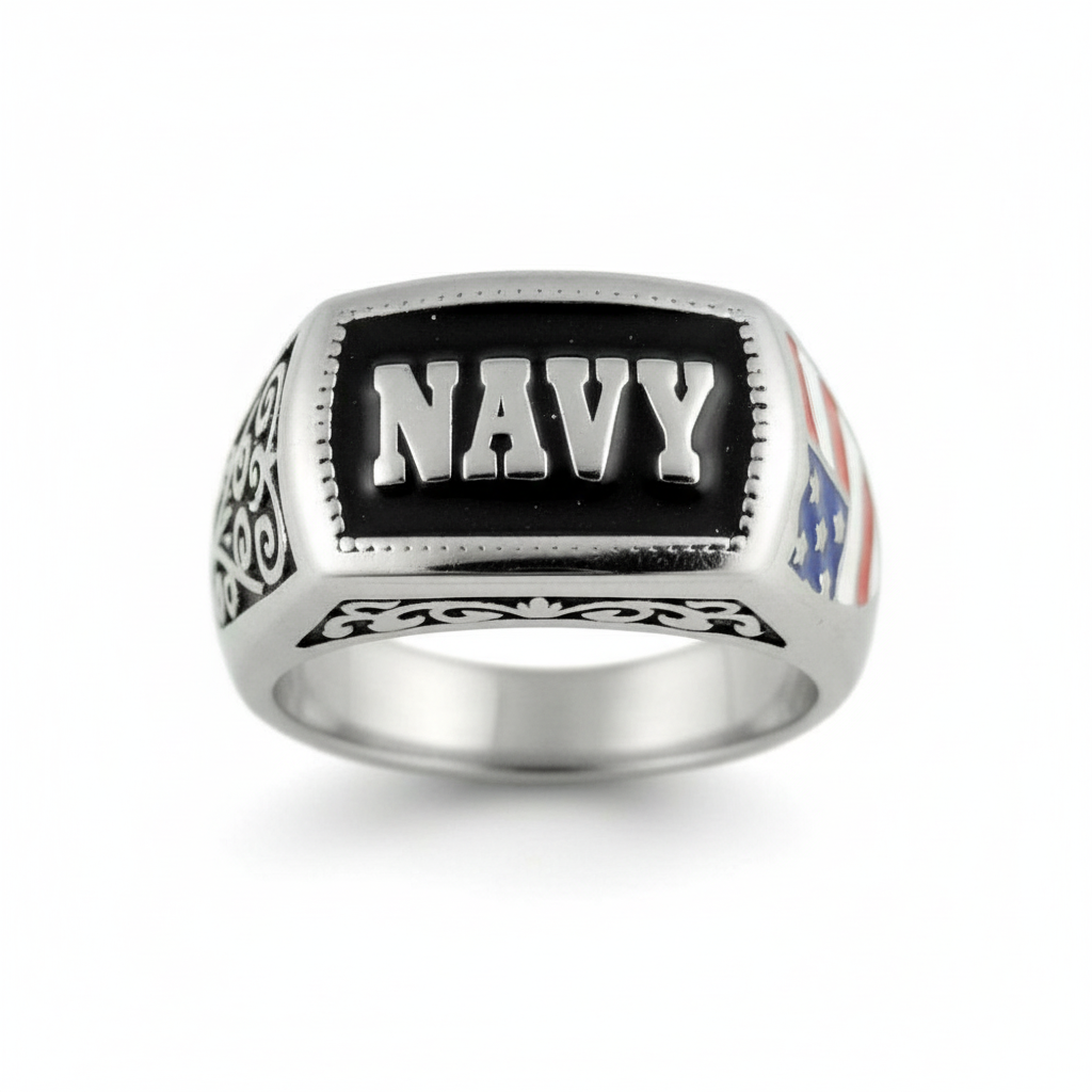 SK1835 Ladies Or Men's Navy Ring Enameled American Flag Stainless Steel Military Jewelry