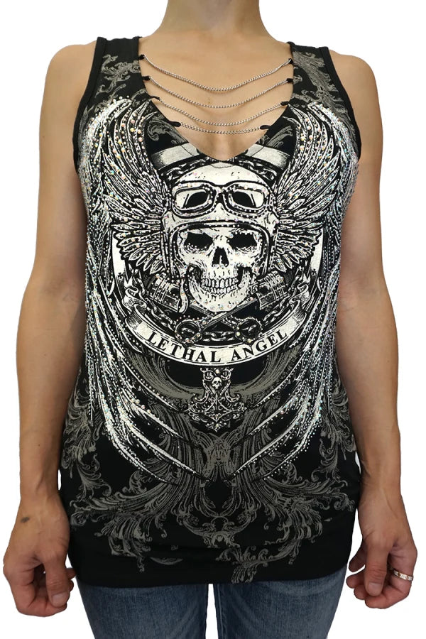 Platinum Plush Lethal Angel in Chains Rhinestone Skull Biker Top