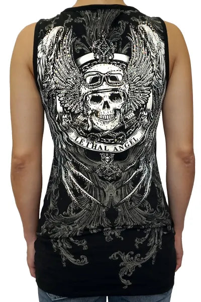 Platinum Plush Lethal Angel in Chains Rhinestone Skull Biker Top