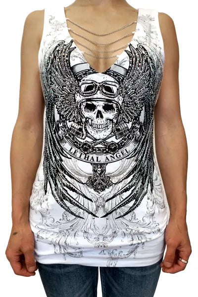 Platinum Plush Lethal Angel in Chains Rhinestone Skull Biker Top