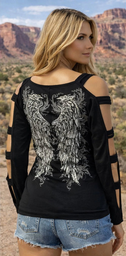 Platinum Plush Aurora Angel Wing Rhinestone Cold Shoulder Top