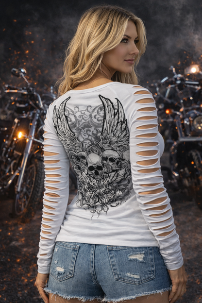 Women's Platinum Plush Tribe of Skulls Rhinestone Wing Slashed Sleeve Biker Top