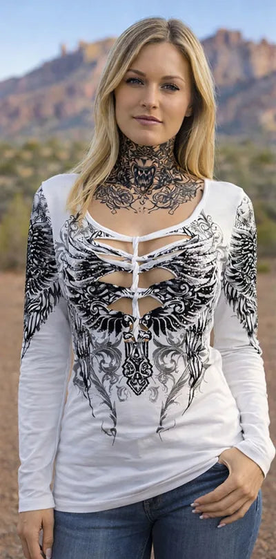 Platinum Plush Rhinestone Rebel Wing Cutout Biker Top