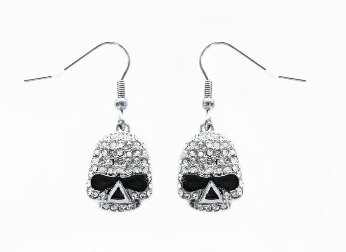 SK2358 Earrings Stainless Steel Skull Embellished Imitation Diamonds French Wire 5/8" Tall