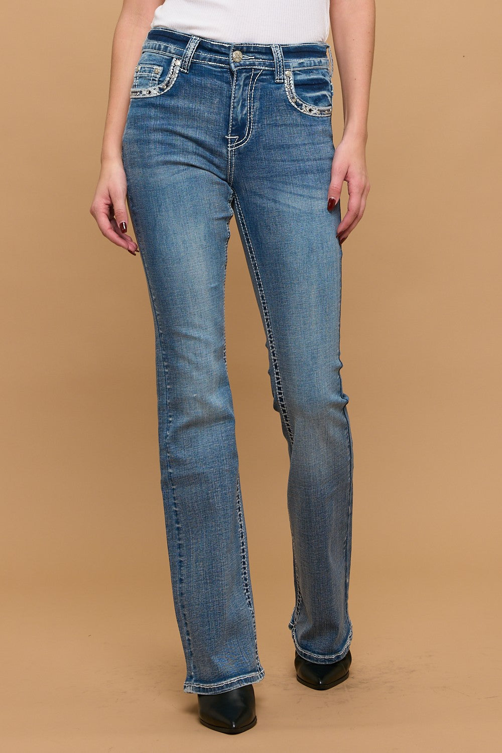 Women’s Rhinestone Skull Bootcut Jeans – Rebel Bone Denim
