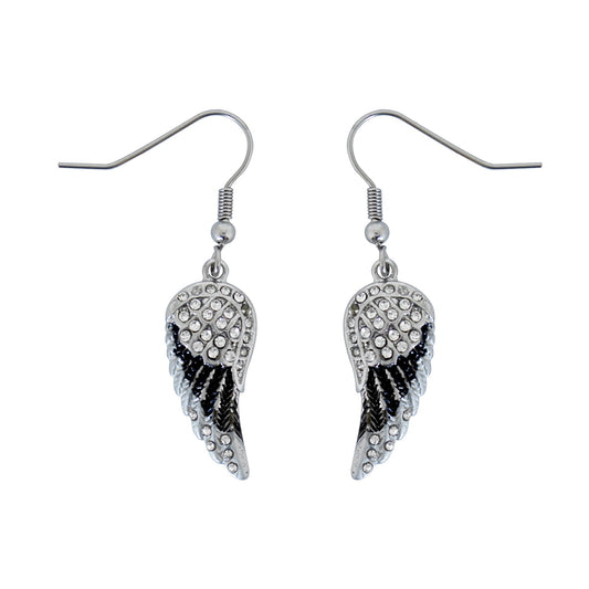 SK2537 Mini Black Painted Winged French Wire Earring White Imitation Crystals
