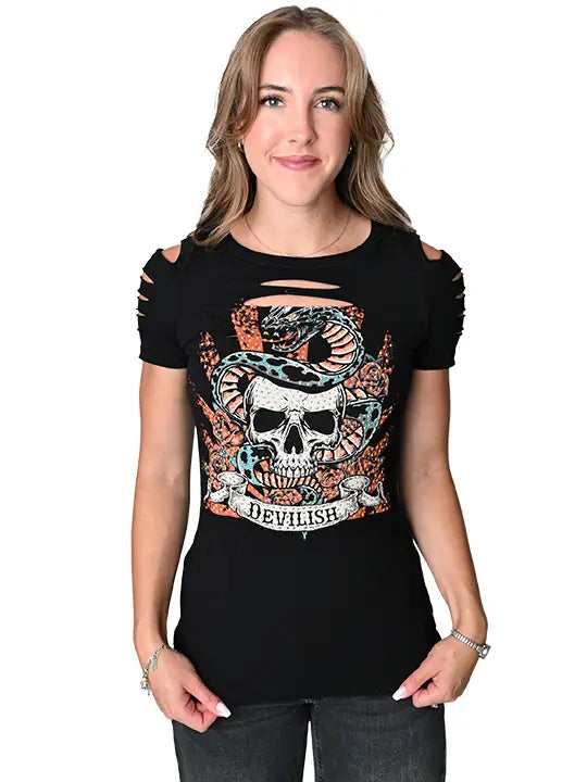 Liberty Wear Devilish Skull & Serpent Distressed Cutout Tee | 272286