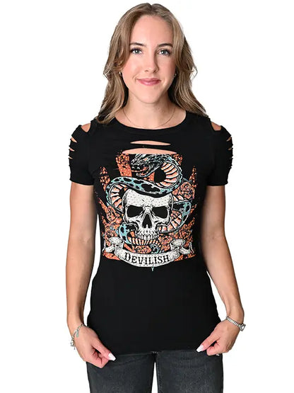 Liberty Wear Devilish Skull & Serpent Distressed Cutout Tee | 272286