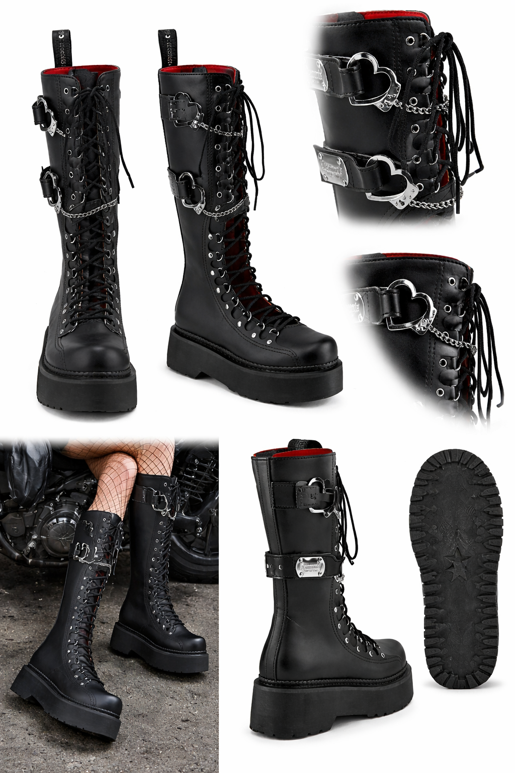 Demonia Rebel Platform Knee-High Boots – Black Gothic Chain & Heart Buckle Combat Boots REBEL-100