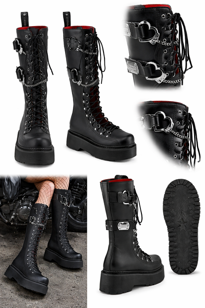 Demonia Rebel Platform Knee-High Boots – Black Gothic Chain & Heart Buckle Combat Boots REBEL-100