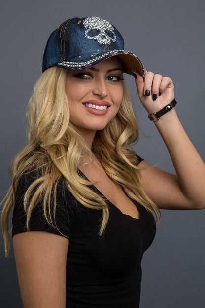 Hair Glove Crystal Skull Rhinestone Denim Cap