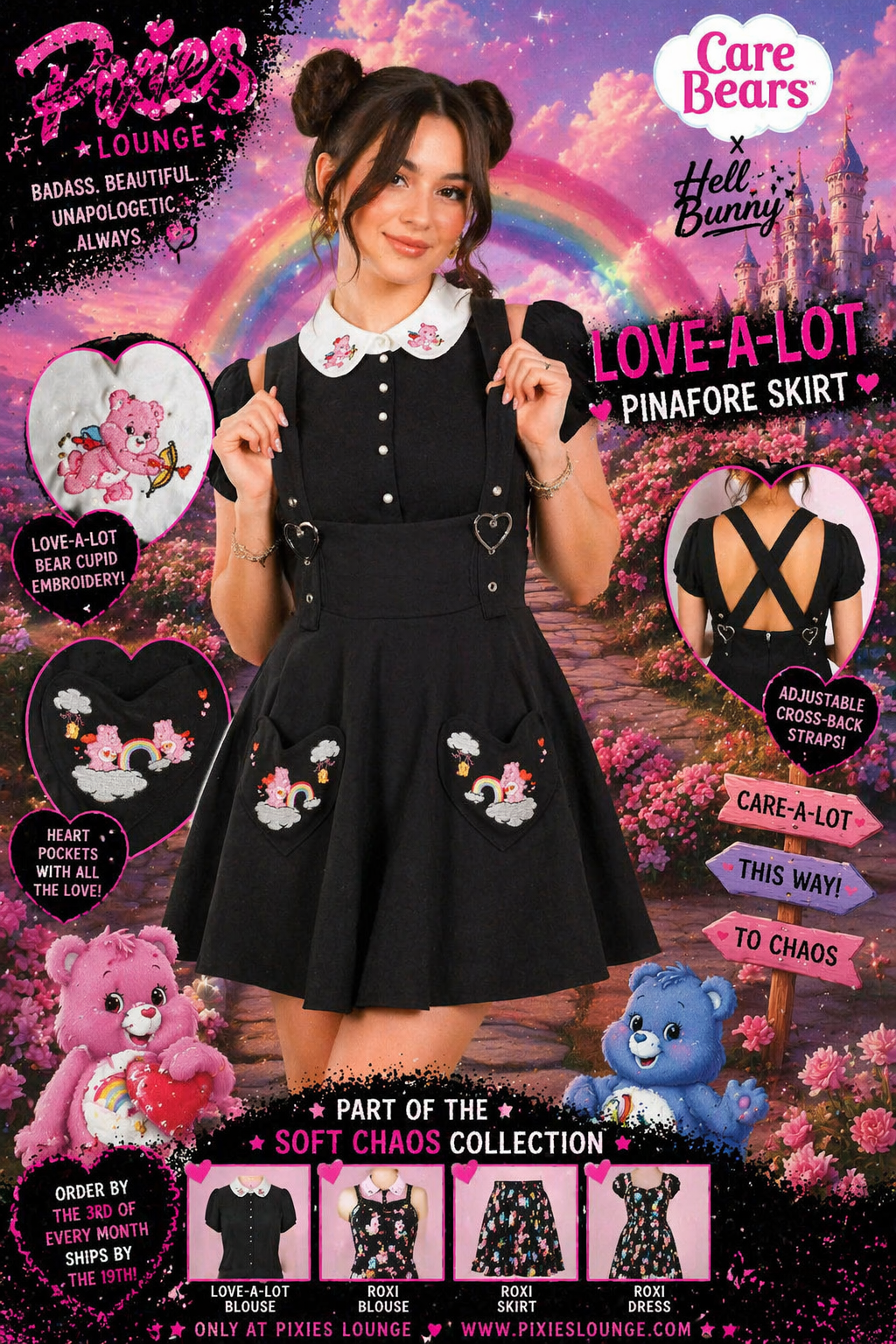 Hell Bunny x Care Bears “Love A Lot” Pinafore Skirt – Gothic Cute Suspender Skirt with Heart Pockets