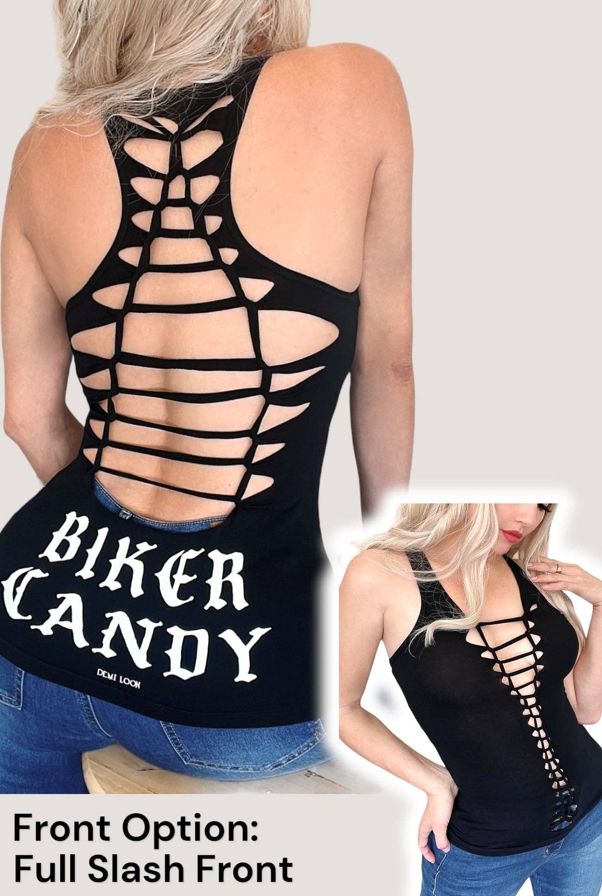 Biker Candy Graphic Back Racerback Sexy Slashed Biker Festival Tank